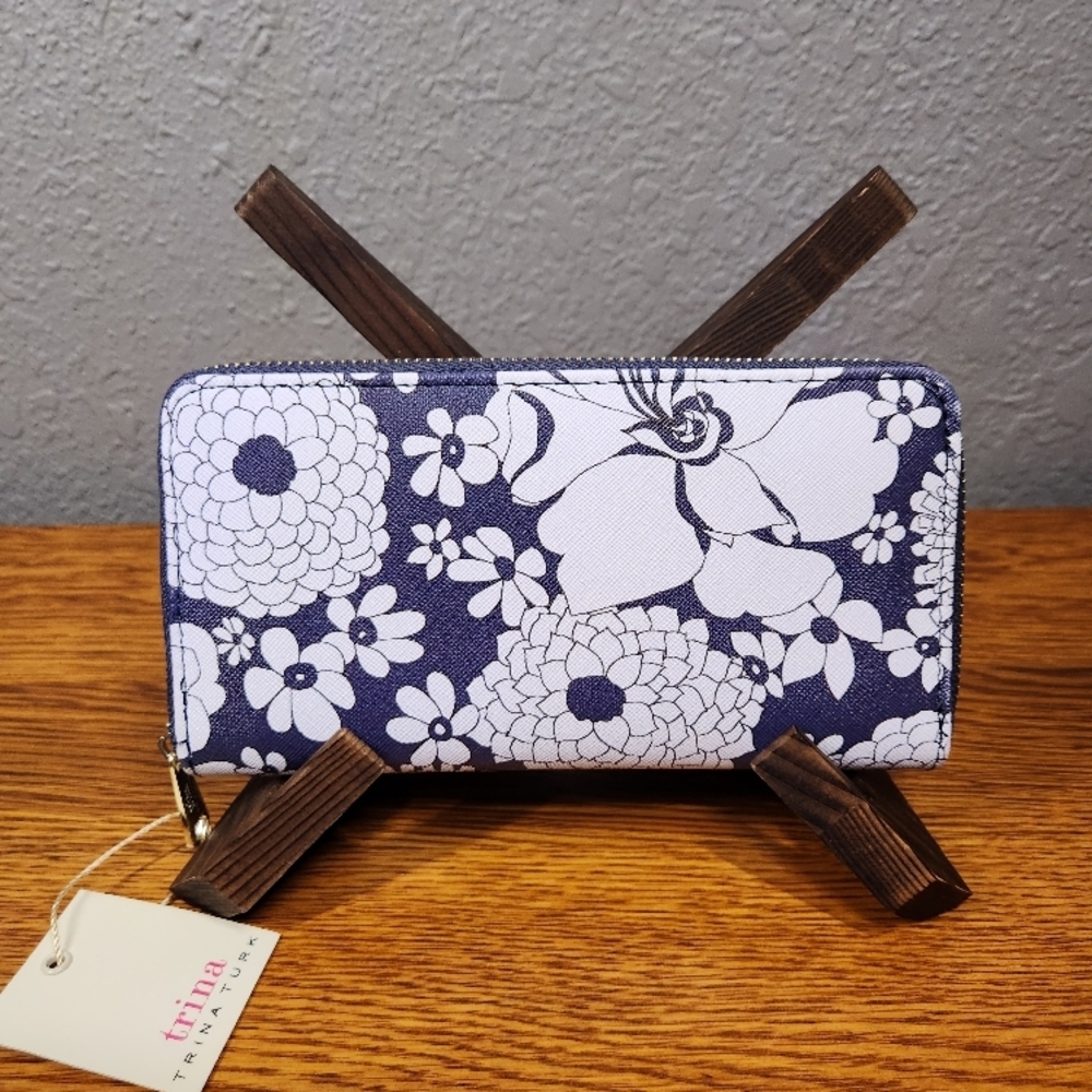 Trina Turk Floral Zip-Around Wallet in Navy and White